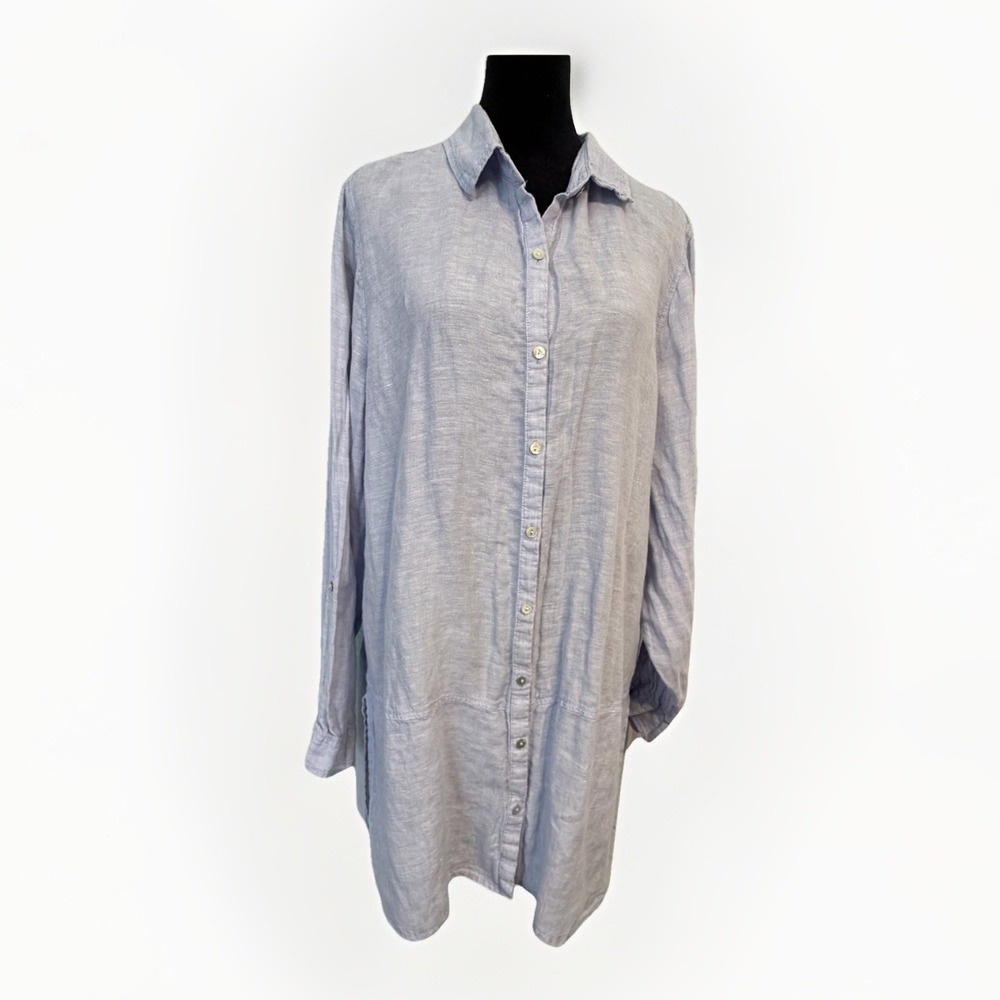 Tahari Womens‎ Size L Light Blue 100% Linen Button Front Long Tunic Roll Tab